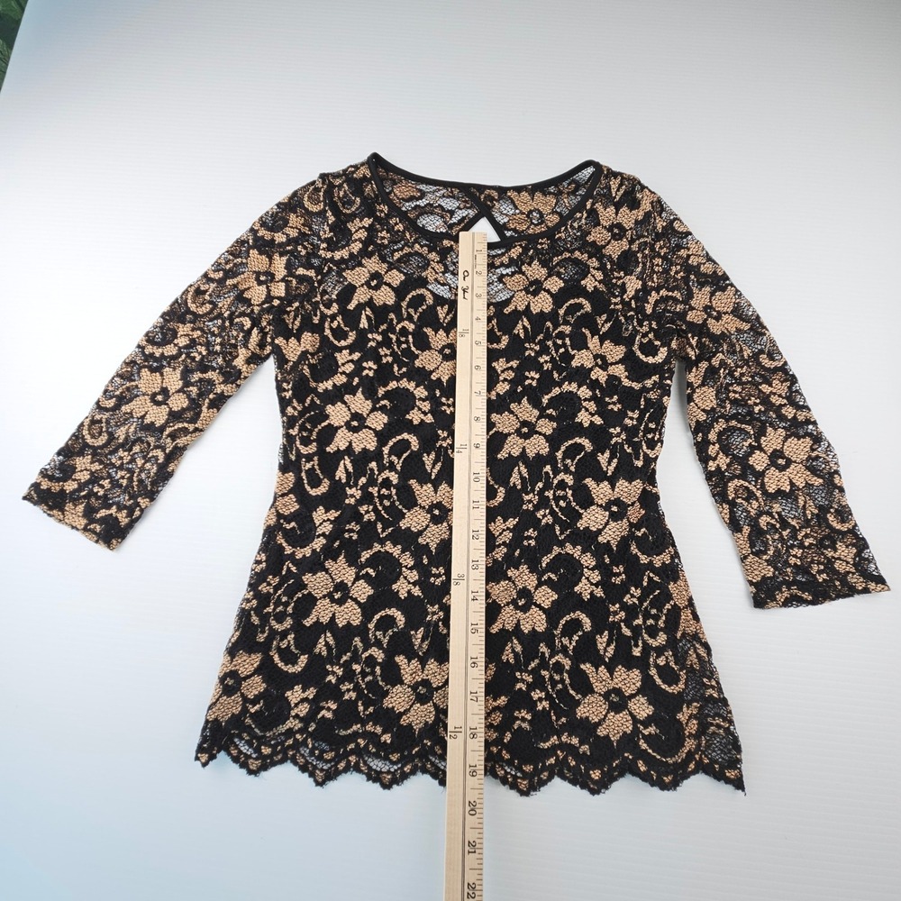 No Boundaries Womens Black Tan Floral Lace 3/4 Sleeve Top Medium 7-9